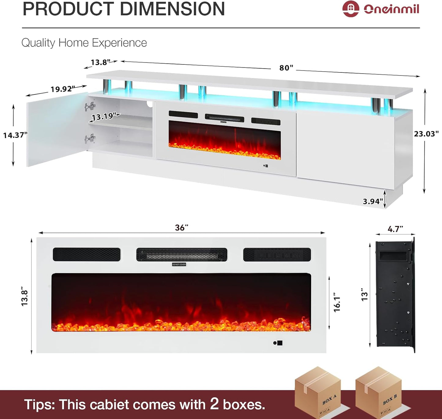 80" Entertainment Center & TV Stand, Modern Media Console with Storage Cabinet, Fits TVs up to 90", Living Room Furniture, 36" Electric Fireplace (All White)