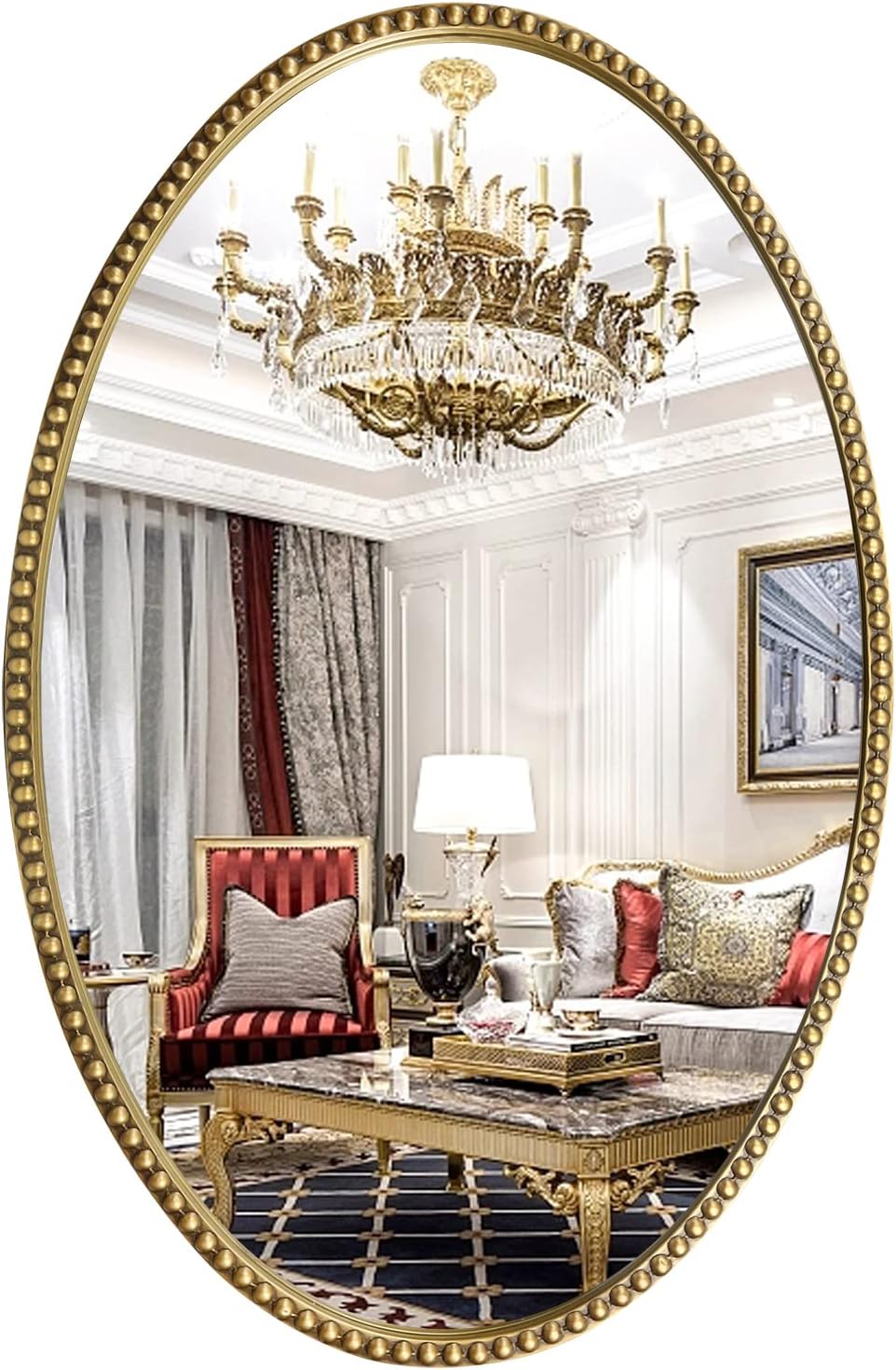 Oval Wall Mirror for Bathroom, 26"x39" Antique Gold Metal Beaded Frame Decorative Accent Mirror, Large Hanging Vanity Mirror for Bedroom, Living Room, Entryway