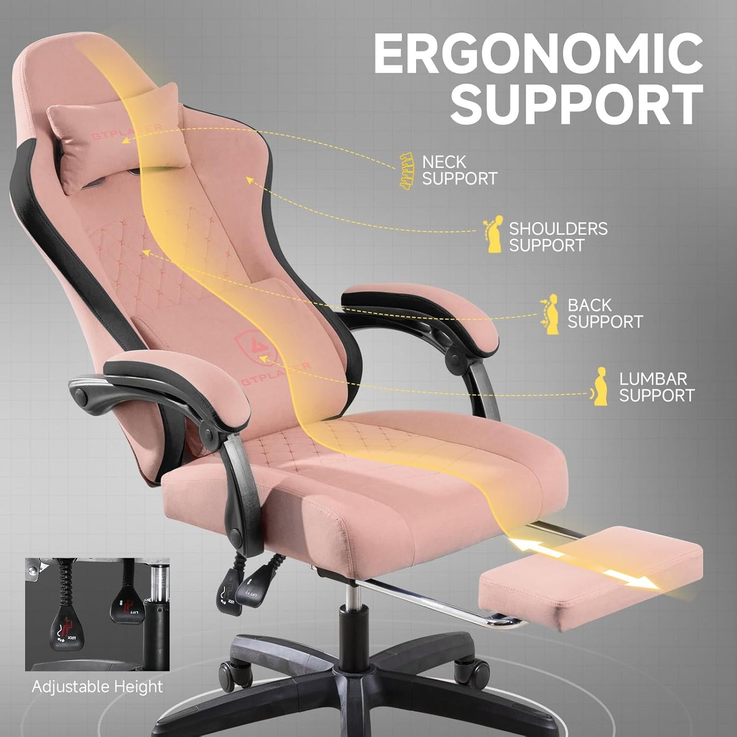 GTPLAYER Office Chair, Gaming Computer Desk Fabric Chair with Footrest, High Back Ergonomic Office Chair with Pocket Spring Lumbar Support and Linkage Armrests Adjustable Height Swivel for Home Task