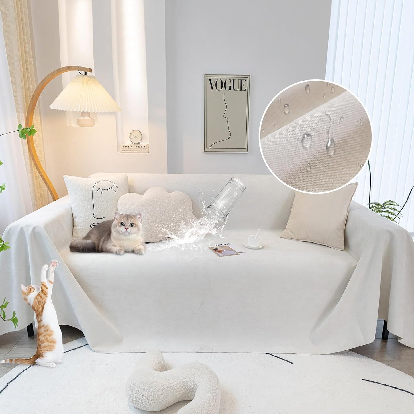 STACYPIK Waterproof White Couch Cover, Anti-Scratch Pet Protector for 2 Cushion Couch, Anti-Slip Sofa Couch Cover for Loveseat, Multi-use Sectional Cover for L-Shaped, Washable Sofa Slipcover-71X118IN