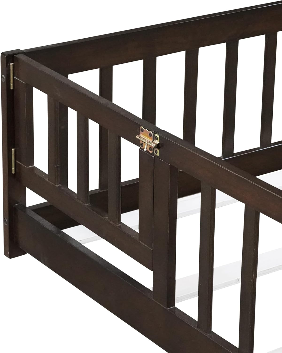 Queen Size Floor Bed Frame with Slats and Safety Guardrail, Wood Queen Size Montessori Floor Bed with Door and Fence, Easy Assemble Montessori Beds for Kids, Girls, Boys, Espresso