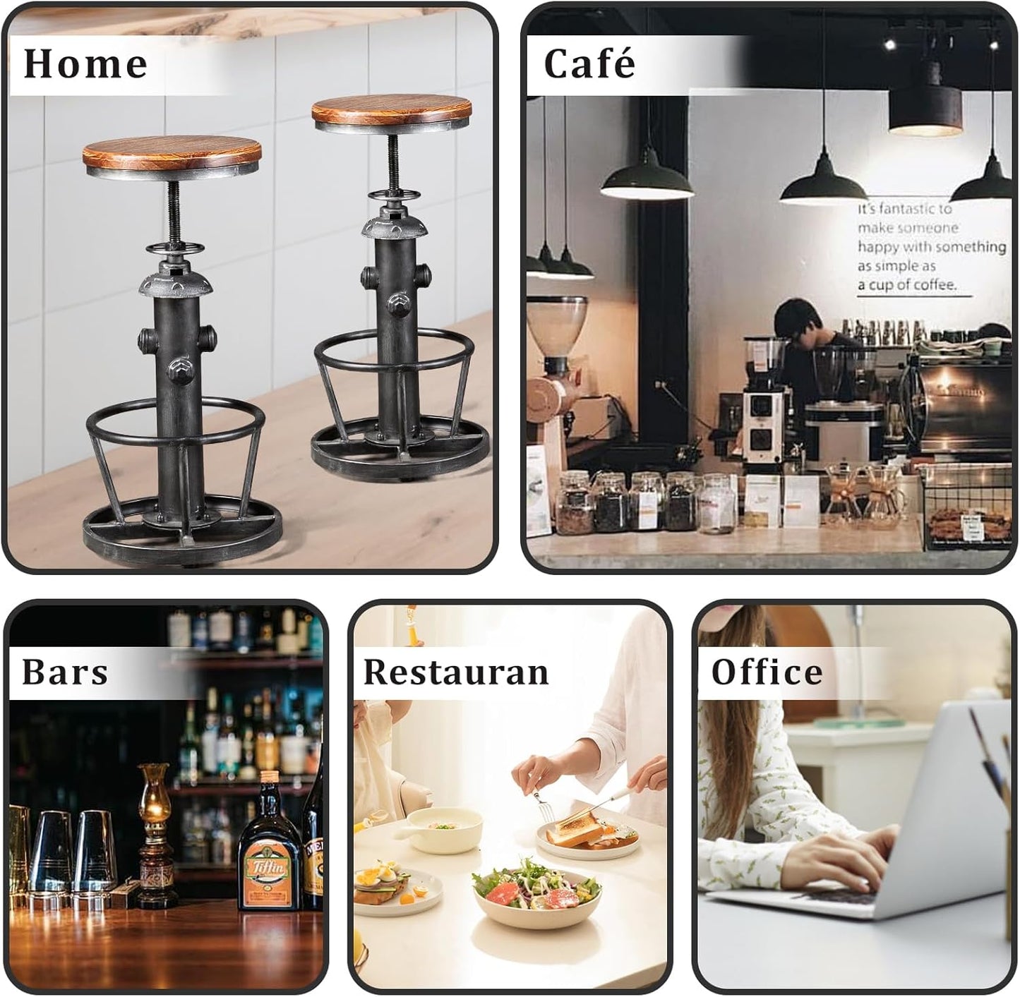 Topower Antique Industrial Round Bottom Adjustable Height Cafe Coffee Retro Vintage Stylish Water Pipe Design Pub Kitchen Bar Stool (Silver, Wooden Top)