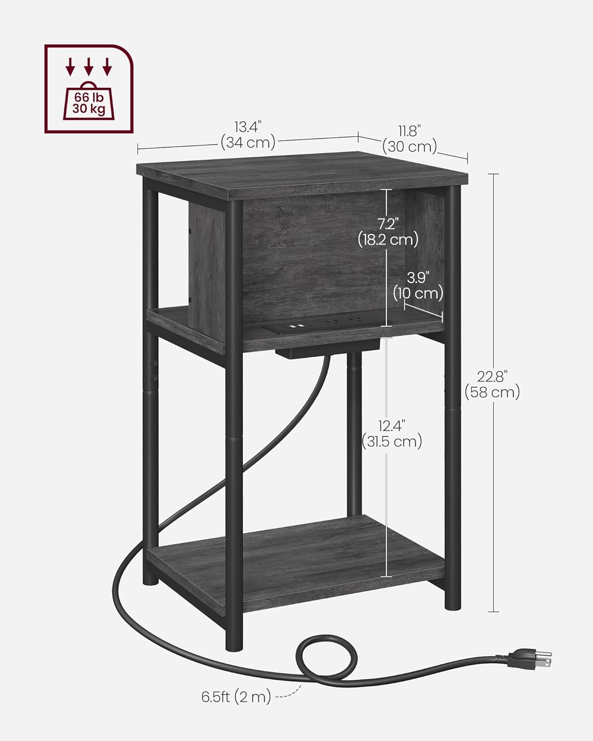 VASAGLE Side Table with Charging Station, 3-Tier End Table with USB Ports and Outlets, Nightstand for Living Room, Bedroom, 11.8 x 13.4 x 22.8 Inches, Plug-in Series, Misty Gray and Black