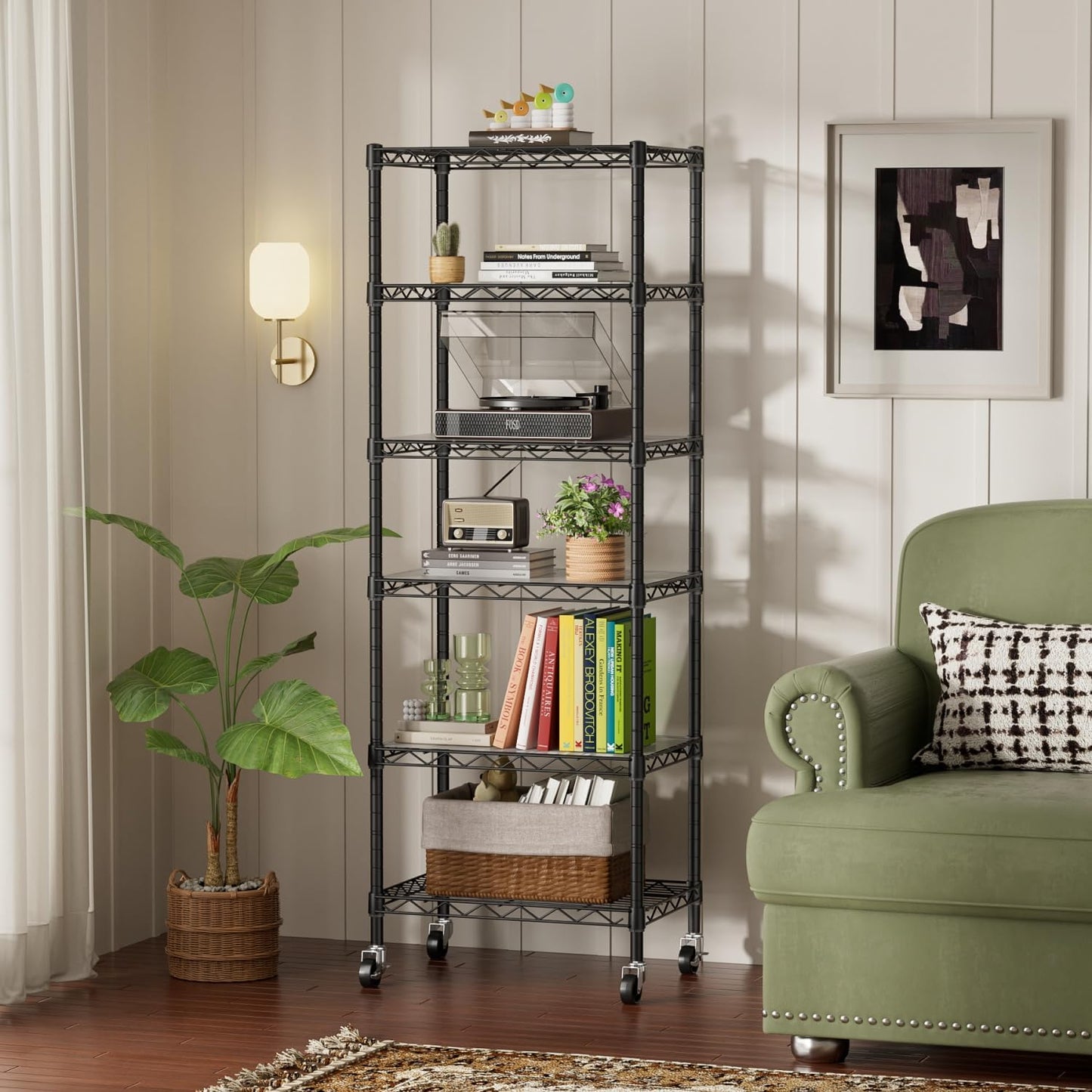 SINGAYE 6 Shelf Storage Wire Shelves Closet Bathroom Organizers Metal Pantry Kitchen Small Garage Shelving Unit Laundry Room Organization Home Narrow Rack Net Basket with Wheels Black