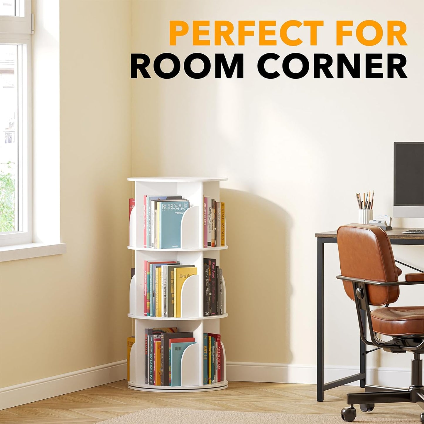 SpaceAid 3 Tier Rotating Bookshelf Tower, Spinning Bookcase Lazy Susan, Revolving 360 Book Shelf Storage Round Carousel, Vertical Rotate Turning Spiral Corner Organizer, White