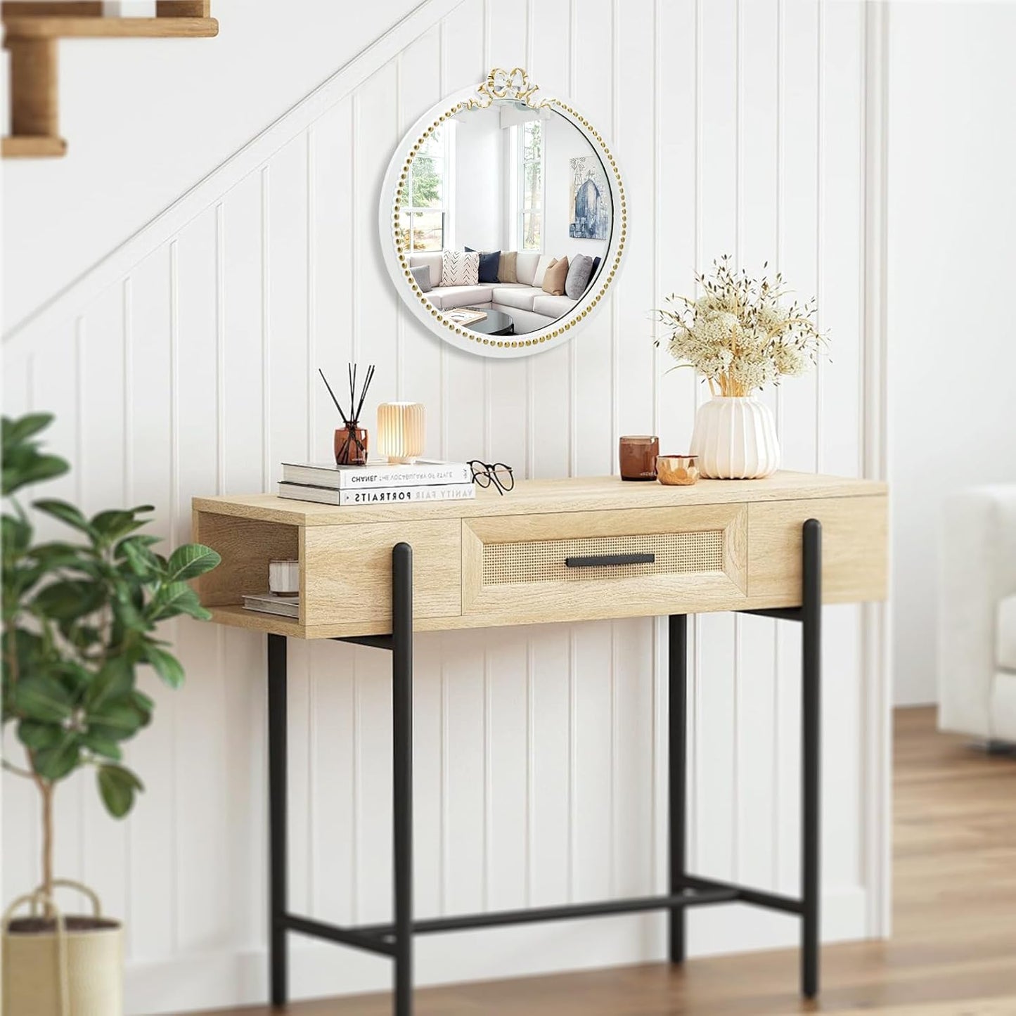 Vintage Round Wall Mirror 11.8inch Small Farmhouse Wooden Vanity Mirror for Wall Decor, Decorative Antique White Nursery Mirrors, Traditional Art Home Bow Decor for Living Room,Bedroom