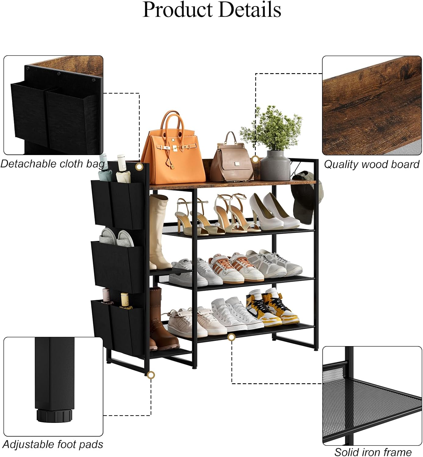 Shoe Racks Bench,Shoe Organizer with Bench for Closet- Free Standing Boot and Shoe Rack with Storage Bag for High Heels, Entryway, Hallways, Closets, Dormitory Rooms,Brown 4-Tier