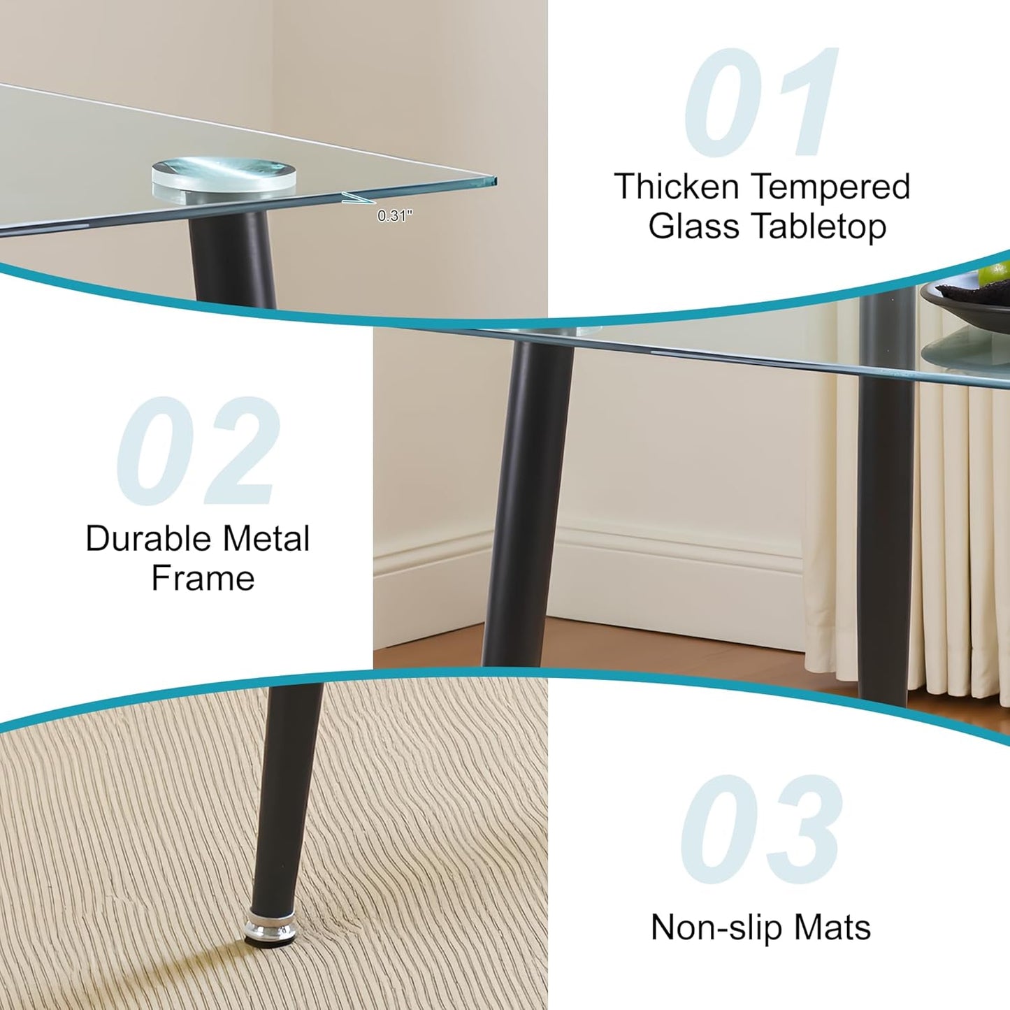 Dining Table for 6 Kitchen Table 47.2" Rectangular Modern Glass Dining Table Kitchen & Dining Room Tables with Glass Tabletop and Metal Legs for Dining Room and Kitchen, Black