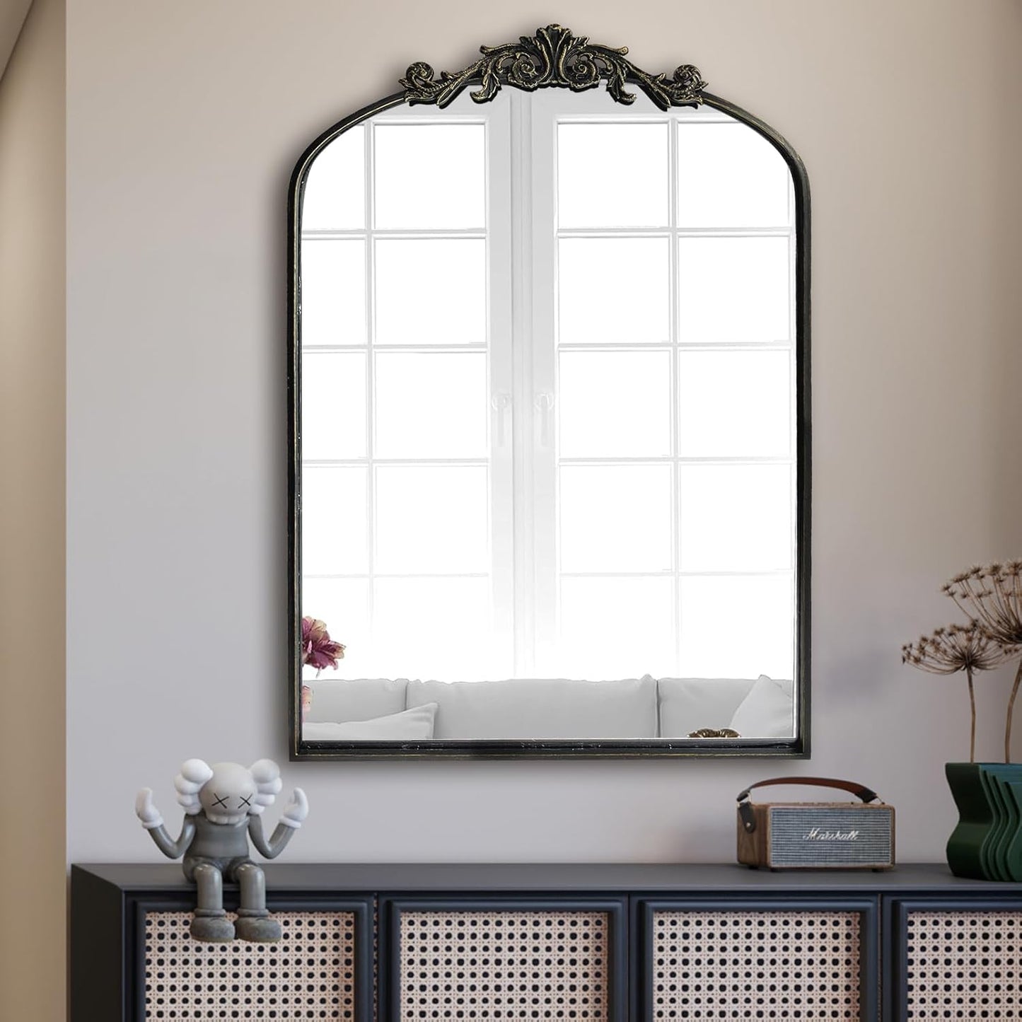 WAMIRRO Ornate Black Mirror,Vintage Arched Baroque Antique Mirorrs for Living Room Hallway Fireplace Bathroom Entryway 24"X36"