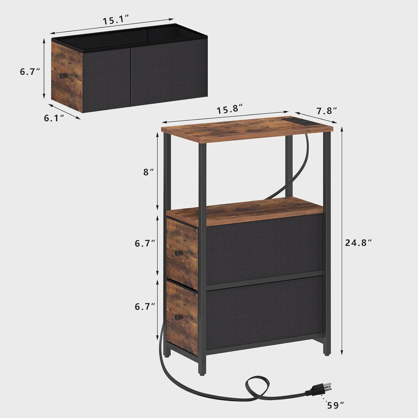 TUTOTAK Small Narrow LED End Table with Charging Station, Side Table Outlets, Nightstand with 2 Cloth Drawers, Set of 2, Couch Table, for Living Room, Bedroom, Bedside, Brown TB01BB056