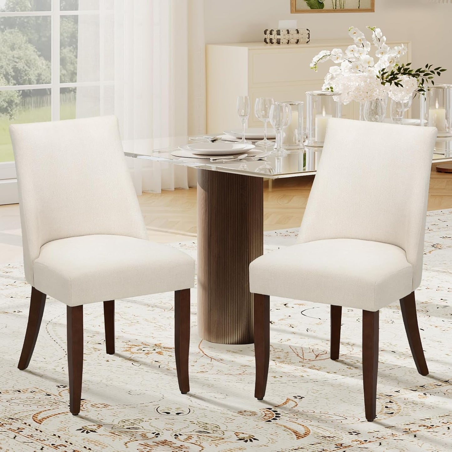 COLAMY Upholstered Dining Chairs Set of 2, Mid Century Modern Kitchen Chairs with Back, Farmhouse Fabric Side Dining Room Chairs with Wood Legs for Dining Room Restaurant, Beige