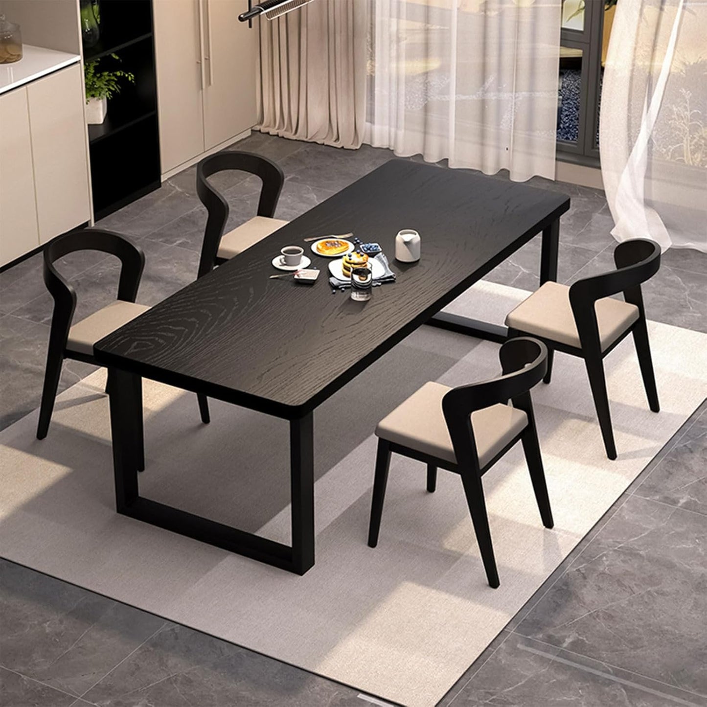 Solid Wood Dining Table for 4-6 People, 55 inch Long Farmhouse Kitchen Dining Table, Rectangular Dining Tables in The Dining Room, Kitchen, and Living Room, Black