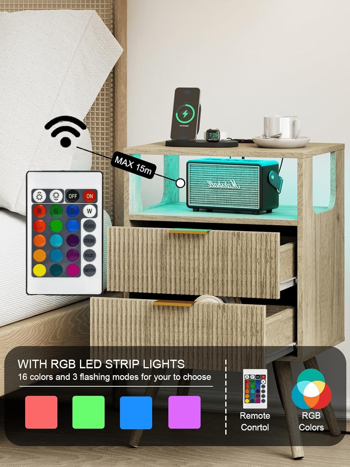 Nightstand, Modern Bedside Table with 2 Storage Drawer and Open Wood Shelf for Bedroom and Small Spaces, Night Stand with Solid Wood Legs (Grey Oak-Outlet)