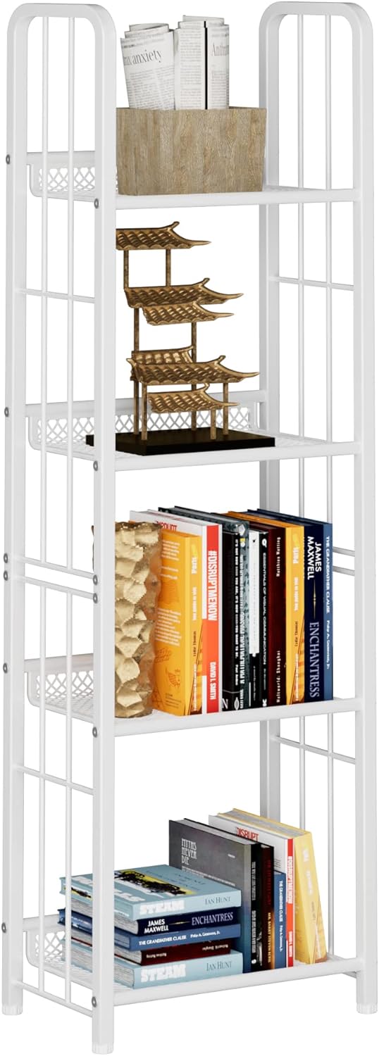 Bookshelf Storage Shelf Small Bookcase Freestanding Storage Stand for Living Room Bedroom, Kitchen, Rust Resistance, Easy Assembly Free Combination Multi-Functional Organizer (4 Tiers, White)