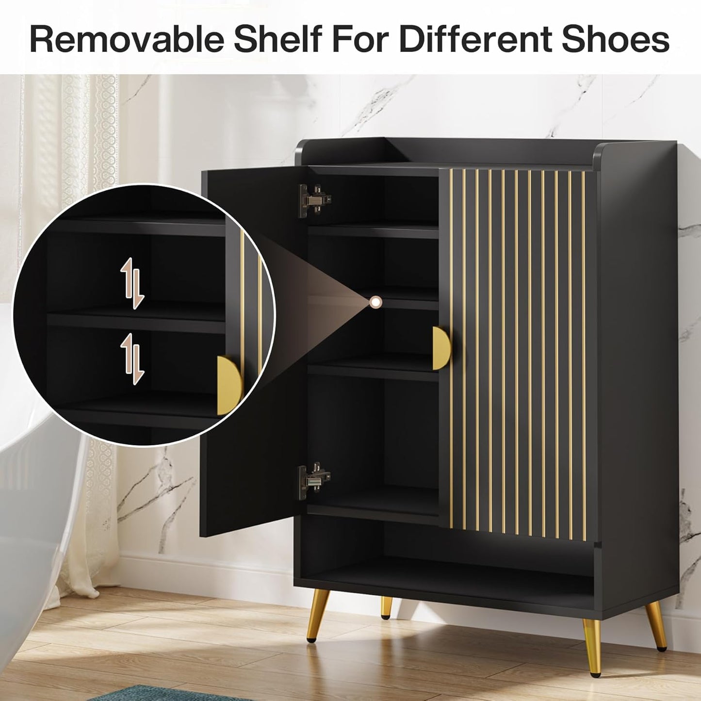 Tribesigns Shoe Cabinet with Doors, 7-Tier Shoe Storage Cabinet with Adjustable Shelves, Wooden Shoes Rack Shoe Storage Organizer for Entryway, Hallway, Closet, Living Room, Black