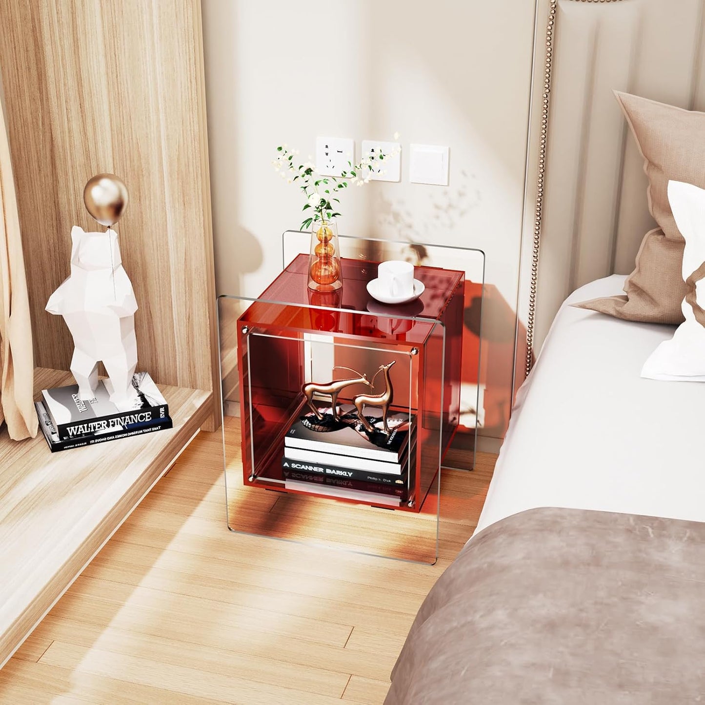 Acrylic Nightstand Colorful Bedside Table with Open Storage Shelf,Clear Side Table for Living Room (1, Red)