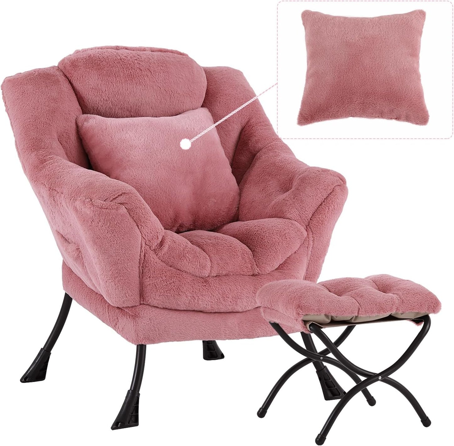 Lazy Chair with Ottoman, Comfy Reading Lounge Chair with Footstool & Throw Pillow Modern with Armrests & Side Pocket for Living Room, Bedroom, Dorm Room, Plush Dark Pink