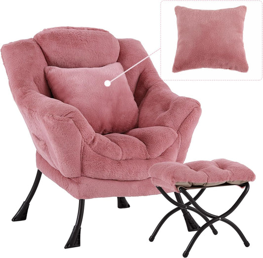 Lazy Chair with Ottoman, Comfy Reading Lounge Chair with Footstool & Throw Pillow Modern with Armrests & Side Pocket for Living Room, Bedroom, Dorm Room, Plush Dark Pink