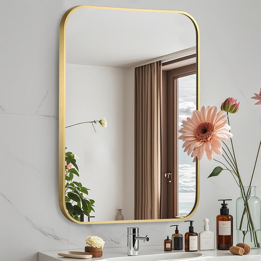 Gold Bathroom Mirror, 24x36 Inch Aluminum Frame Rectangle Mirror, Anti-Rust, Tempered Glass, Wall Mirror for Over Sink, Vanity, Bedroom, Entryway, Horizontal/Vertical
