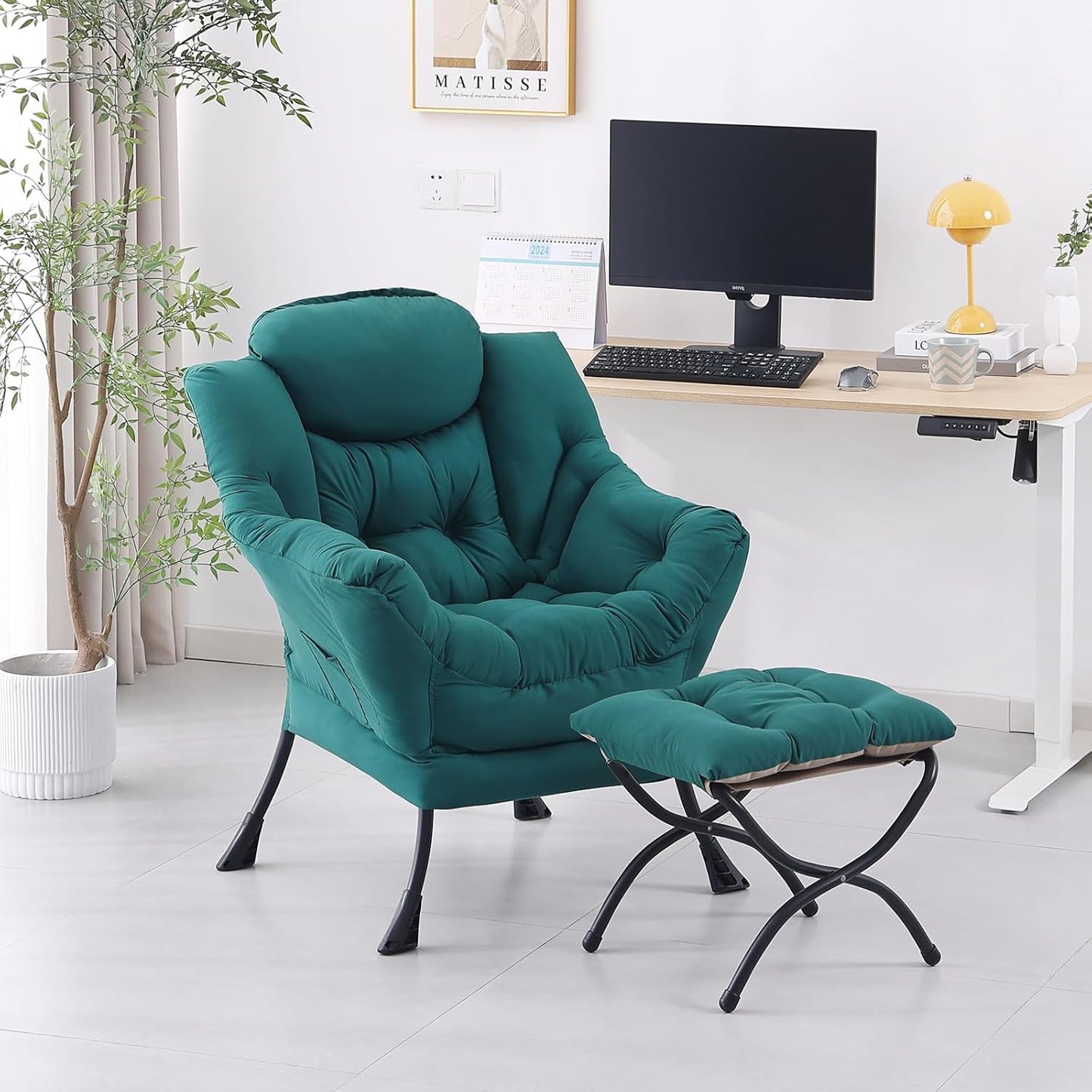 Lazy Chair with Ottoman, Modern Accent Chair Contemporary Lounge Leisure Sofa Chair with Armrests, Reading Chair and Folding Footstool Set for Living Room, Bedroom, Office