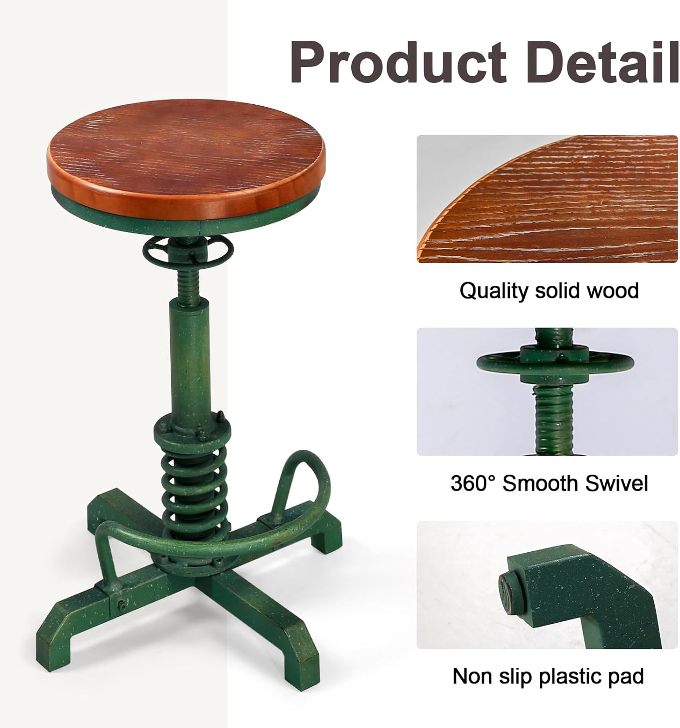 Topower Industrial Retro Vintage Farm Wooden Seat Tractor Stool Kitchen Swivel Height Adjustable bar Stool Antique Green