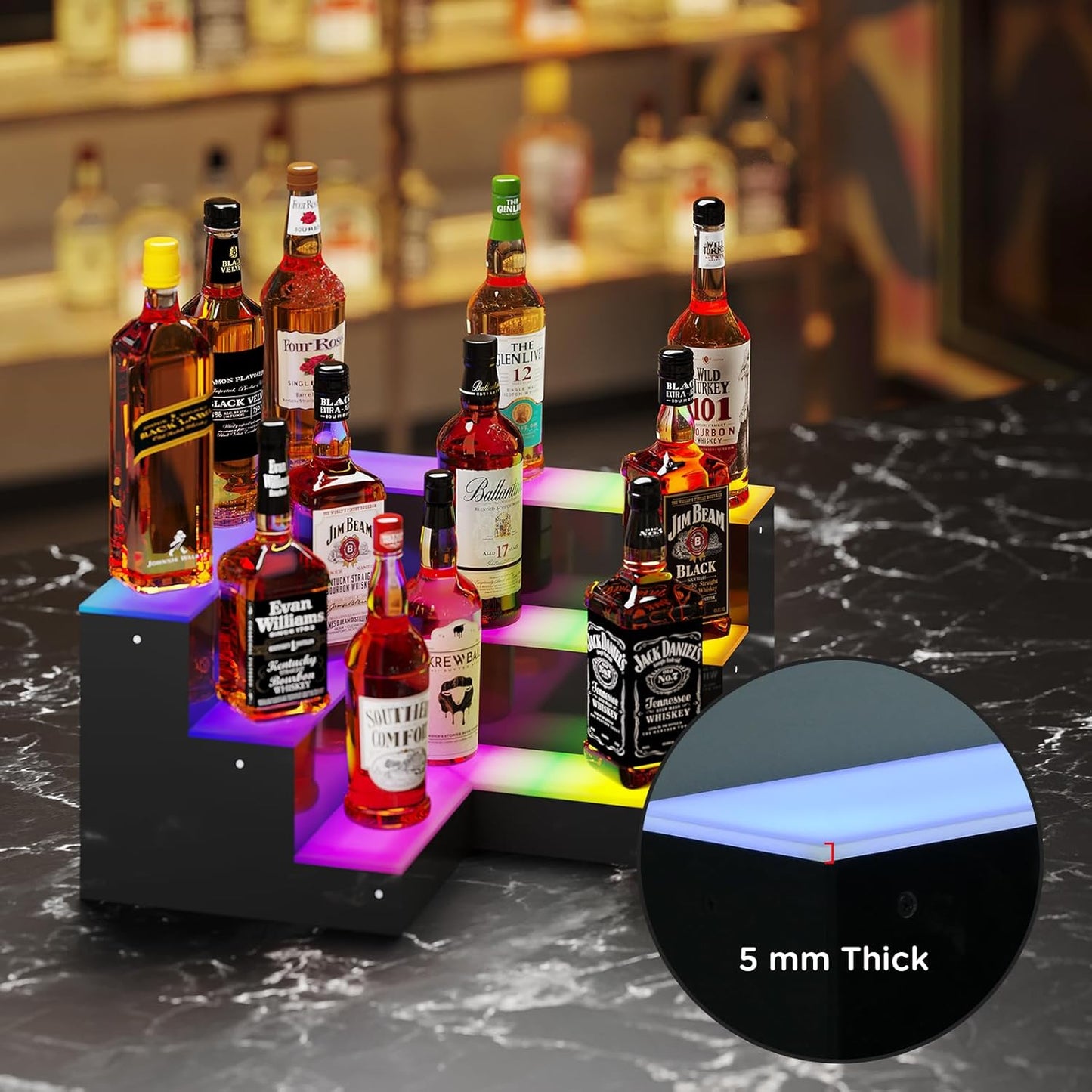 Dethan 3 Tier 20 Inch LED Lighted Liquor Bottle Display Shelf - Corner Wine Racks with Multi-Color App & Remote Control, Adjustable Brightness & Sound Modes, Acrylic Bar Shelves for Commercial Clubs