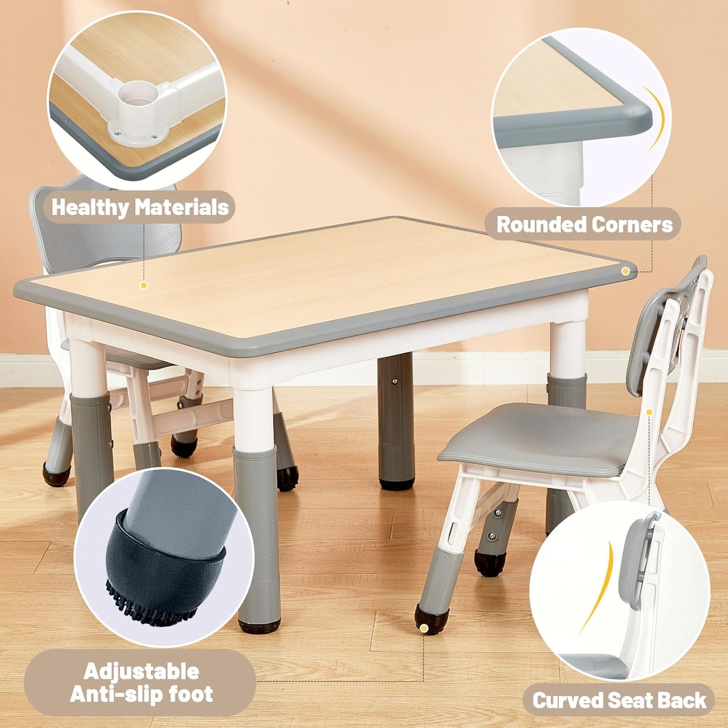 FUNLIO Kids Table and 2 Chairs Set for Ages 3-8, Height Adjustable Toddler Table and Chair Set, Easy to Wipe Arts & Crafts Table, for Classrooms/Daycares/Homes, CPC & CE Approved (3pcs Set) - Gray