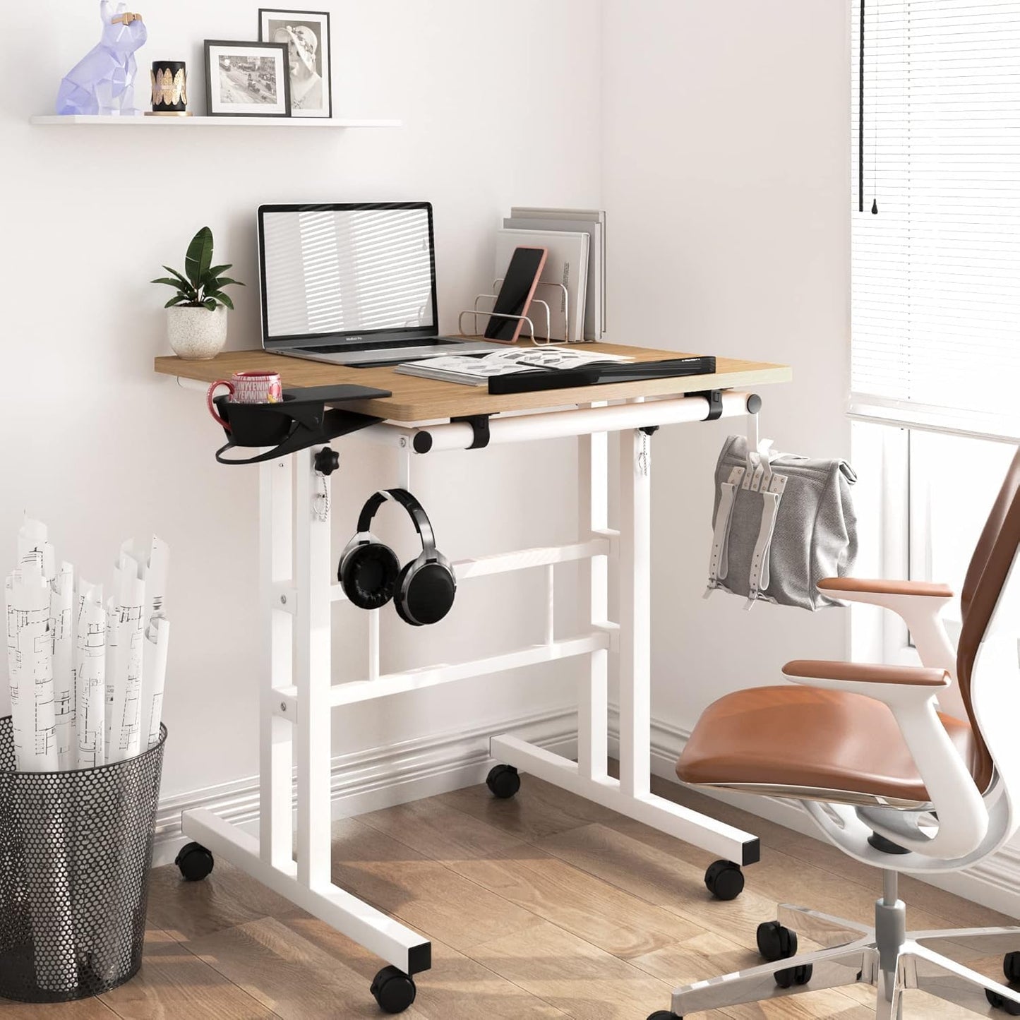 Klvied Mobile Standing Desk with Removable Cup Holder, Portable and Easy to Move, Ideal for Home or Office, Khaki
