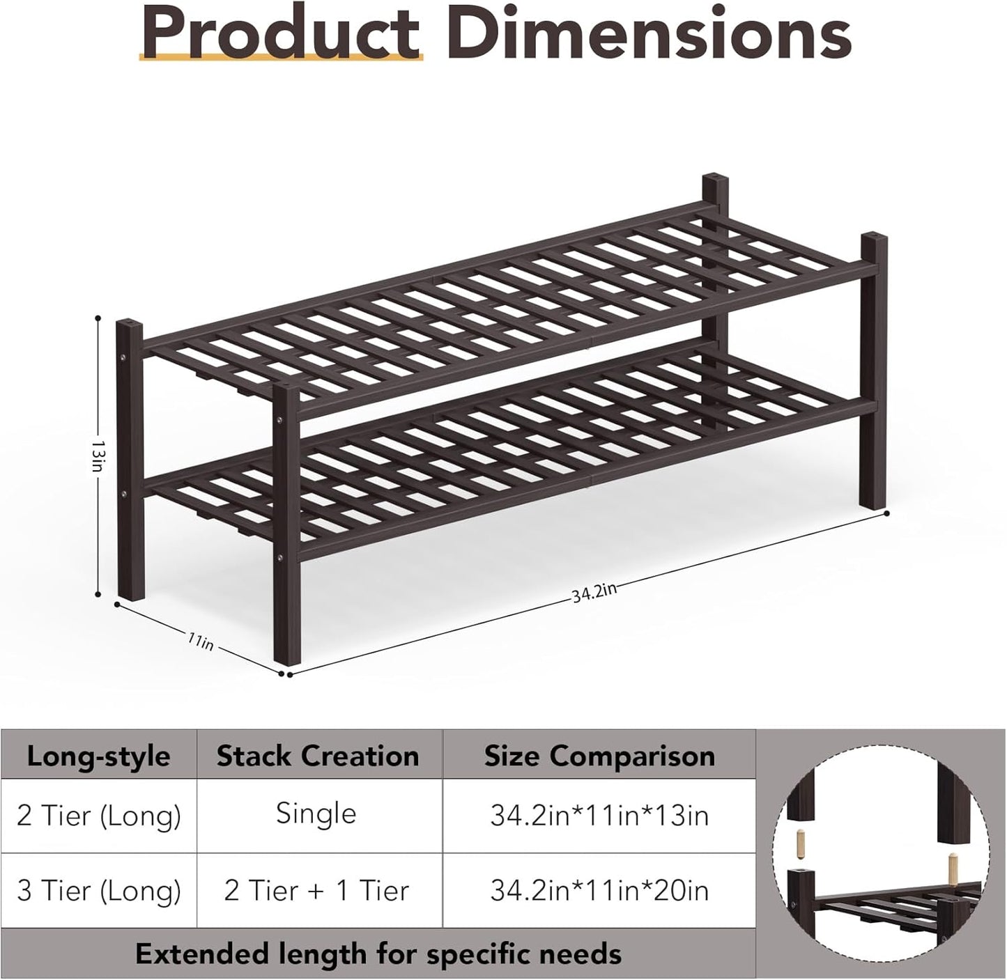 Haddockway Long 2 Tier Bamboo Shoe Rack Storage Organizer, Multifunctional Free Standing Stackable Shoe Shelf with Grid Panel for Closet,Hallway,Entryway,Small Space 34.2"x11"x13"(Brown, 2-Tier(Long))