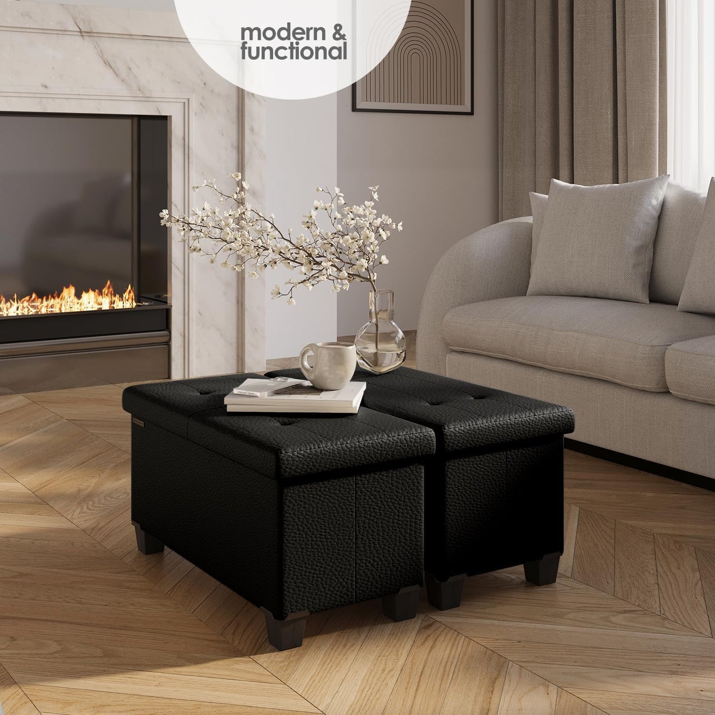 STORAGEBUD Storage Ottoman Bench with Bins, 30-in Storage Bench for Bedroom End of Bed, Folding Foot Rest Ottoman for Living Room Max 660lbs, Faux Leather Ottomans, Black