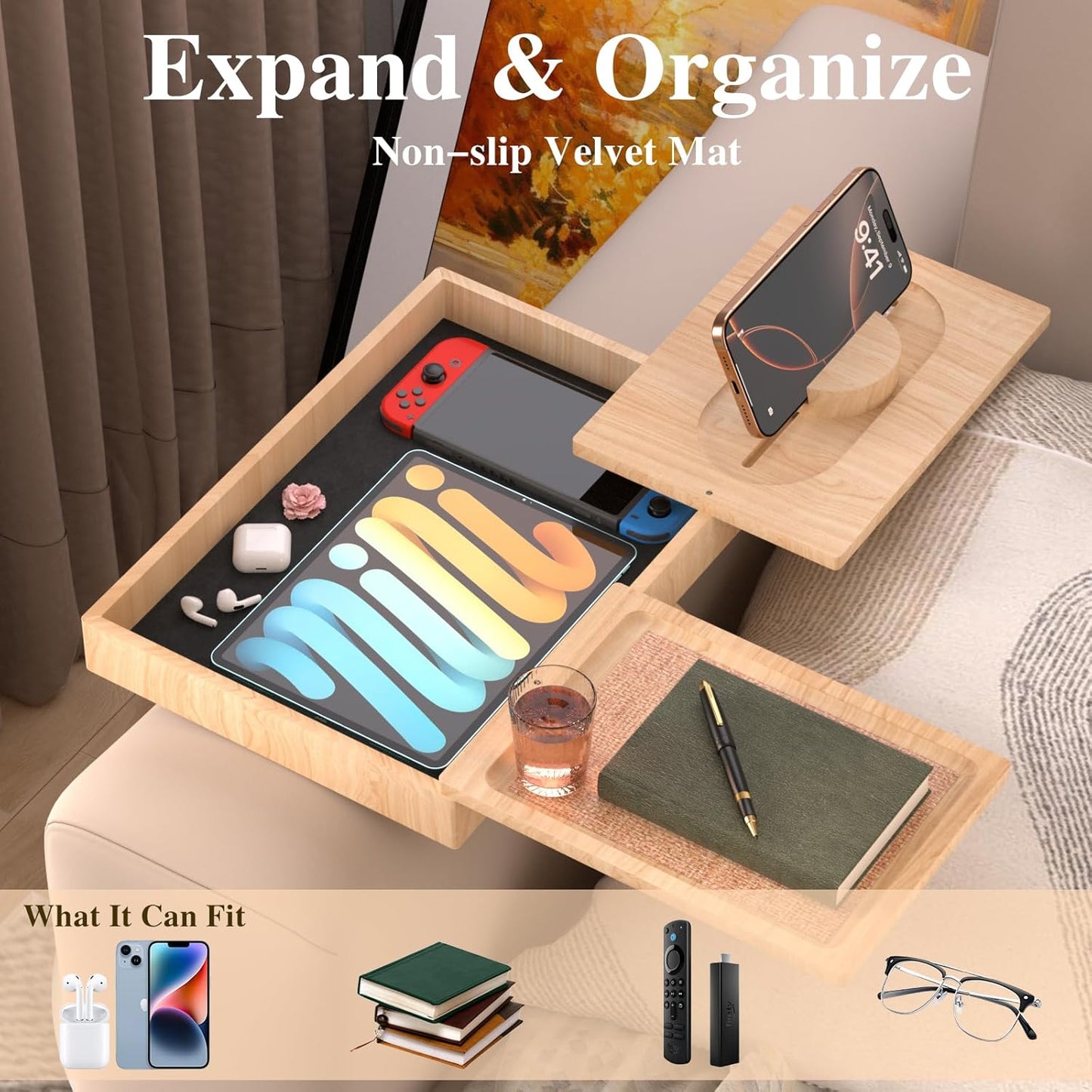 Bamboo Couch Arm Table with 2 Rotating Lids & Adjustable Phone Holder,Foldable Couch Arm Tray,Non-Slip Arm Rest Table Clip for Couch Pillow,Sofa Arm Tray for Snacks,Drinks or Dining