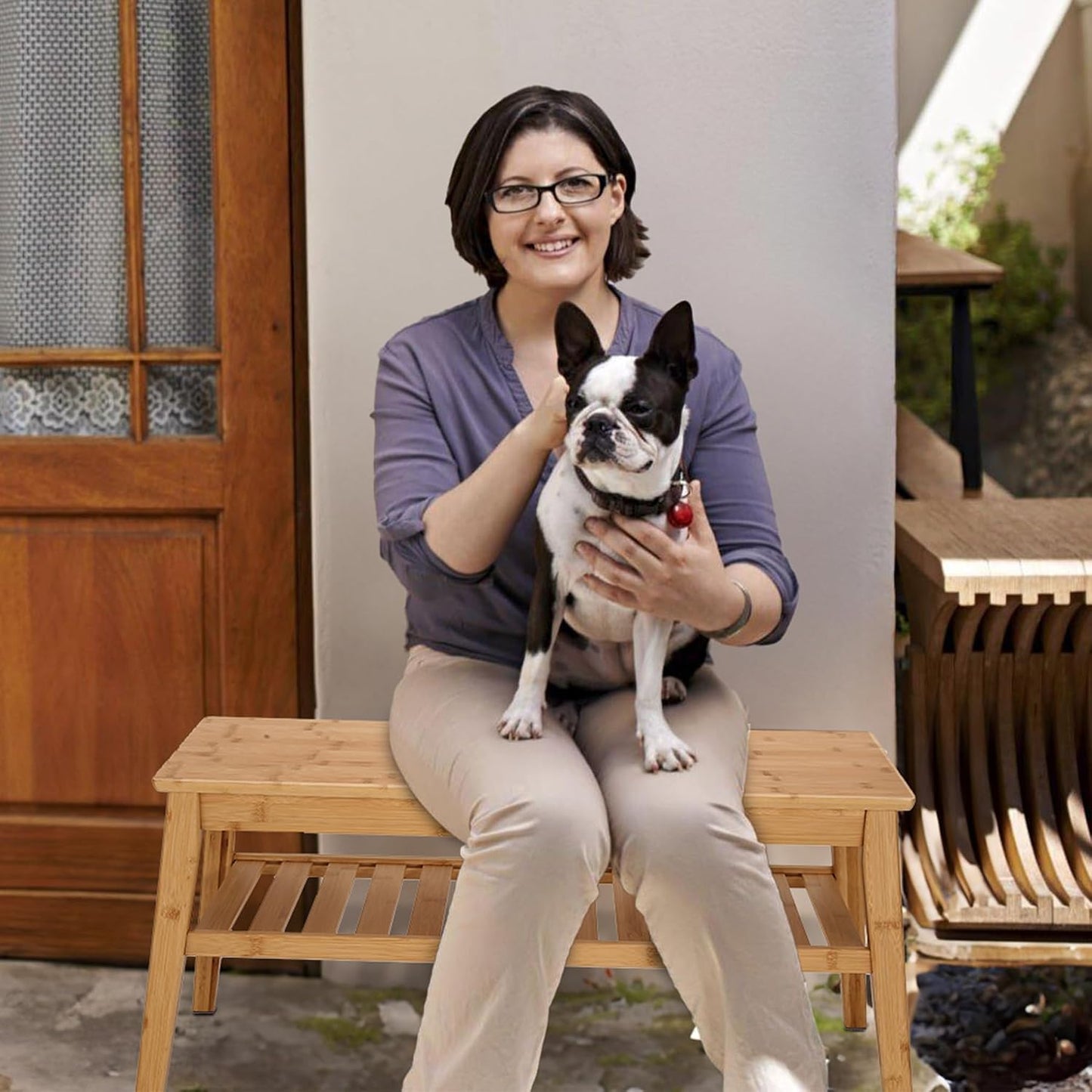 Nnewvante 33.46" Bamboo Entryway Bench, 2 Tier Indoor Storage Bench, Wood Bench for Living Room, Dining Room, Bedroom, Hallway, Holds up to 300lbs