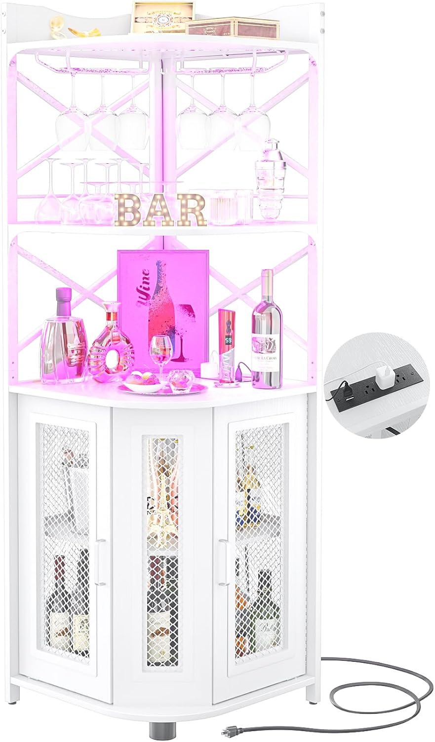 Aheaplus Corner Bar Cabinet with Power Outlet, Industrial Wine Cabinet with LED Strip and Glass Holder, 5-Tiers Liquor Cabinet Bar Unit for Home, Corner Display Cabinet for Small Space, White