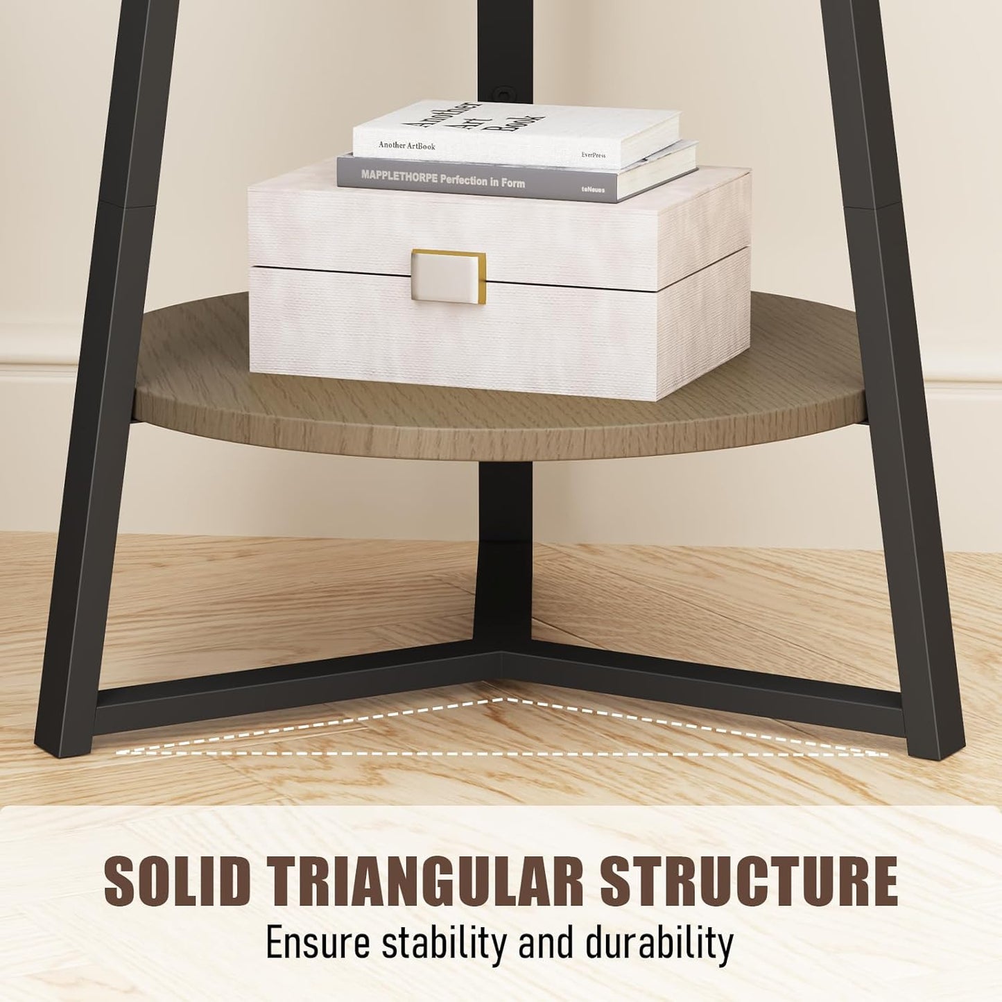 Gadroad Round End Table with Storage Shelf, 2 Tier Farmhouse Side Table Nightstand for Living Room, Bedroom, Wood Tabletop & Black Metal Frame, Walnut Color 15.7 * 15.7 * 23.0inches