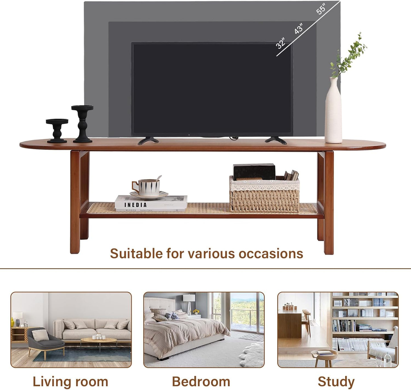 Tiita Bamboo TV Stand with Storage for TV up to 65 inch, Bamboo Rattan TV Console Entertainment Center with 2 Open Shelf, Mid Century Modern Media Console for Living Room, Bedroom, Walnut