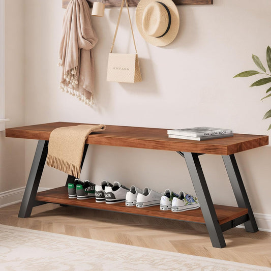 IBF Natural Real Wood Entryway Bench, Solid Wood Storage Bench, Industrial Bedroom Bench in Entry Way Hallway Foyer Rack, Modern Shoe Bench Seat for Living Bed Room Indoor, Rustic Brown, 47 Inch