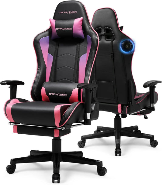 GTPLAYER Gaming Chair with Bluetooth Speakers and Footrest, Ergonomic Gamer Chair with Reclining Backrest, 3D Armrests, Adjustable Seat Height, Computer Desk Chair for Adults (Colourful)