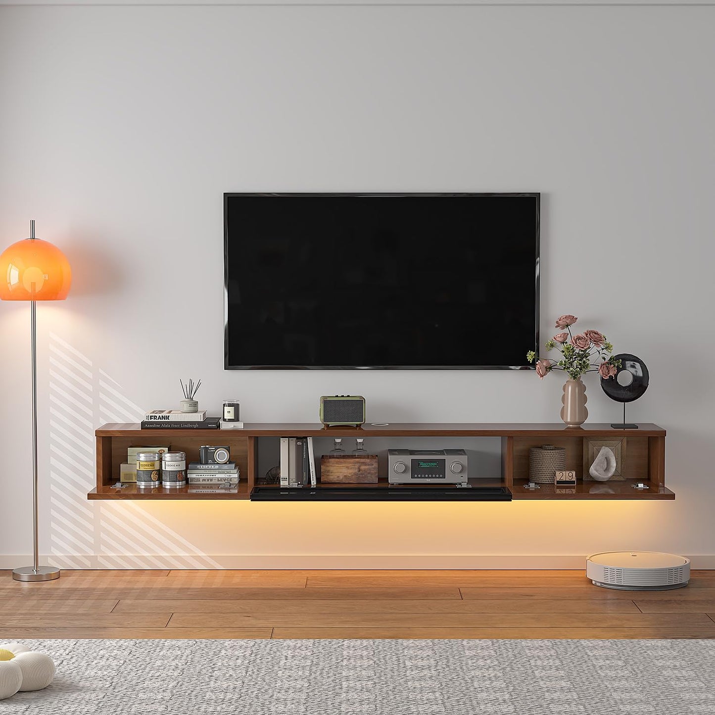 High Gloss Floating TV Stand,47'' Wall Mounted TV Console,Under TV Floating Shelf,Floating TV Cabinet with 3 Doors for Bedroom Living Room(Walnut)