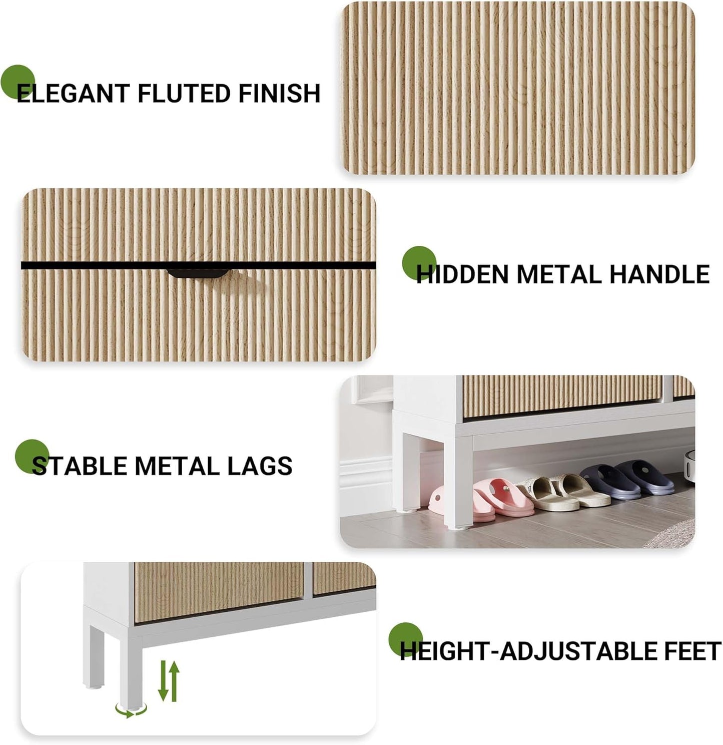 GarveeHome Fluted Shoe Storage Cabinet with 4 Flip Drawers, Narrow Wooden Shoe Organizer with Metal Legs, Modern Farmhouse Hidden Shoe Rack for Entryway, Hallway, White+Oak