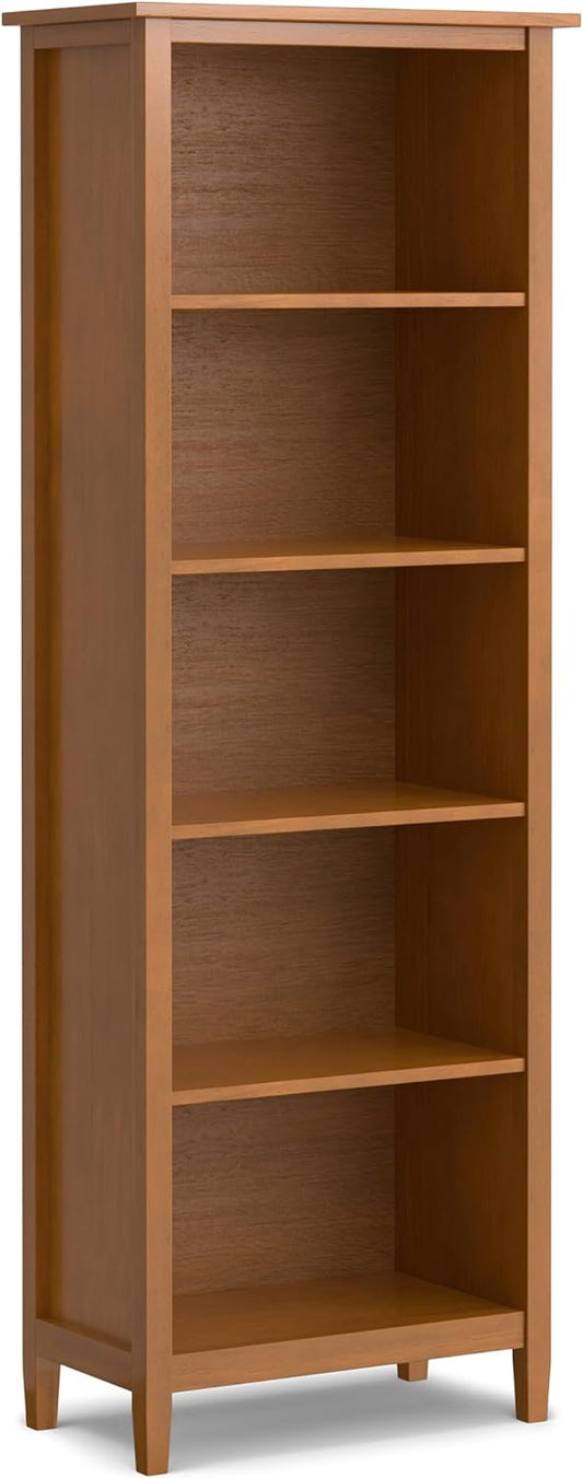 SIMPLIHOME Warm Shaker Bookcase - 72 inch Tall 5-Shelf Solid Wood Bookshelf in Light Golden Brown, Transitional Storage for Living Room, Study Room or Office with Adjustable Shelves and Tapered Legs