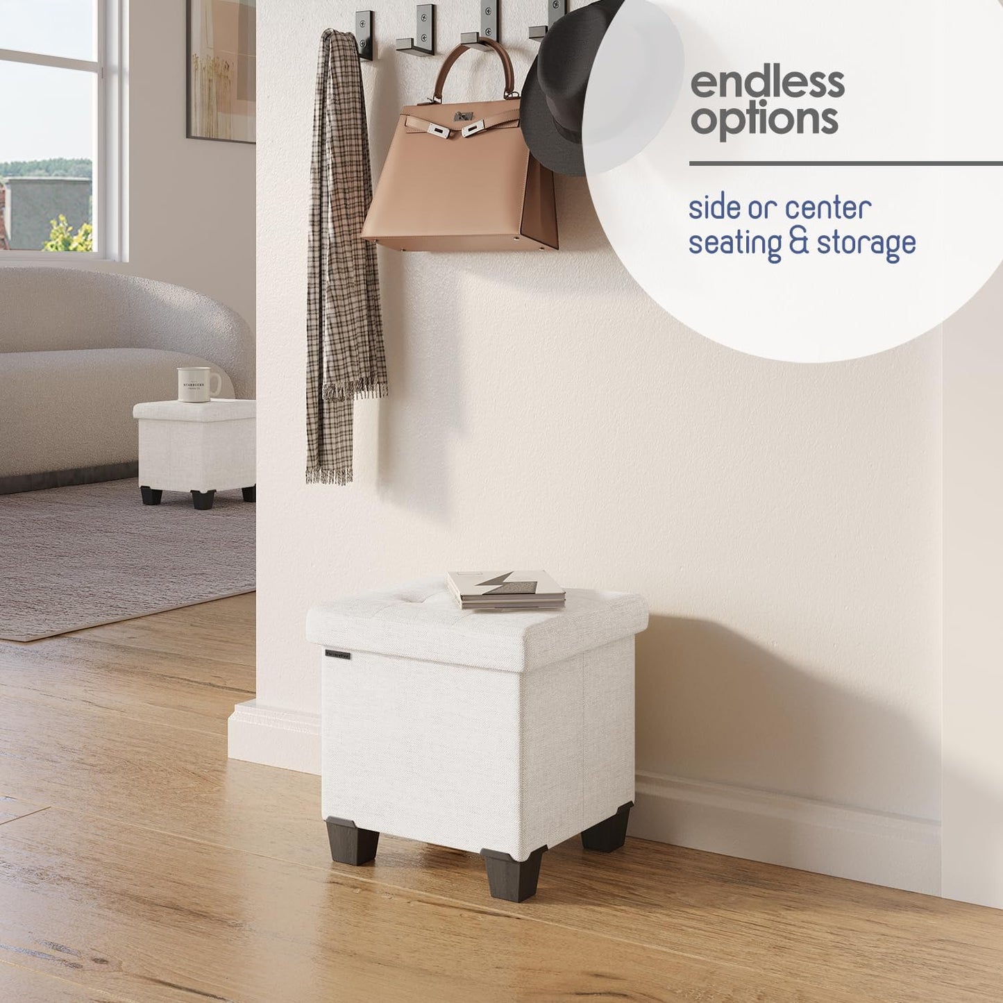 STORAGEBUD Storage Ottoman Cube with Small Bin, 16-in Square Ottoman with Storage for Living Room and Bedroom, Small Ottomans Foot Rest, Fabric Foot Stools Ottomans Max 330lbs, Cream