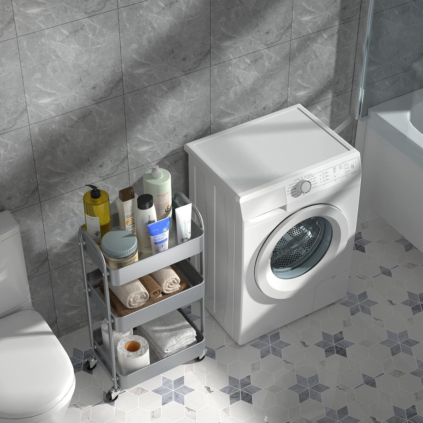 MAX Houser 3-Tier Rolling Utility Cart with Caster Wheels,Easy Assembly, for Kitchen, Bathroom (Silvery-Grey)