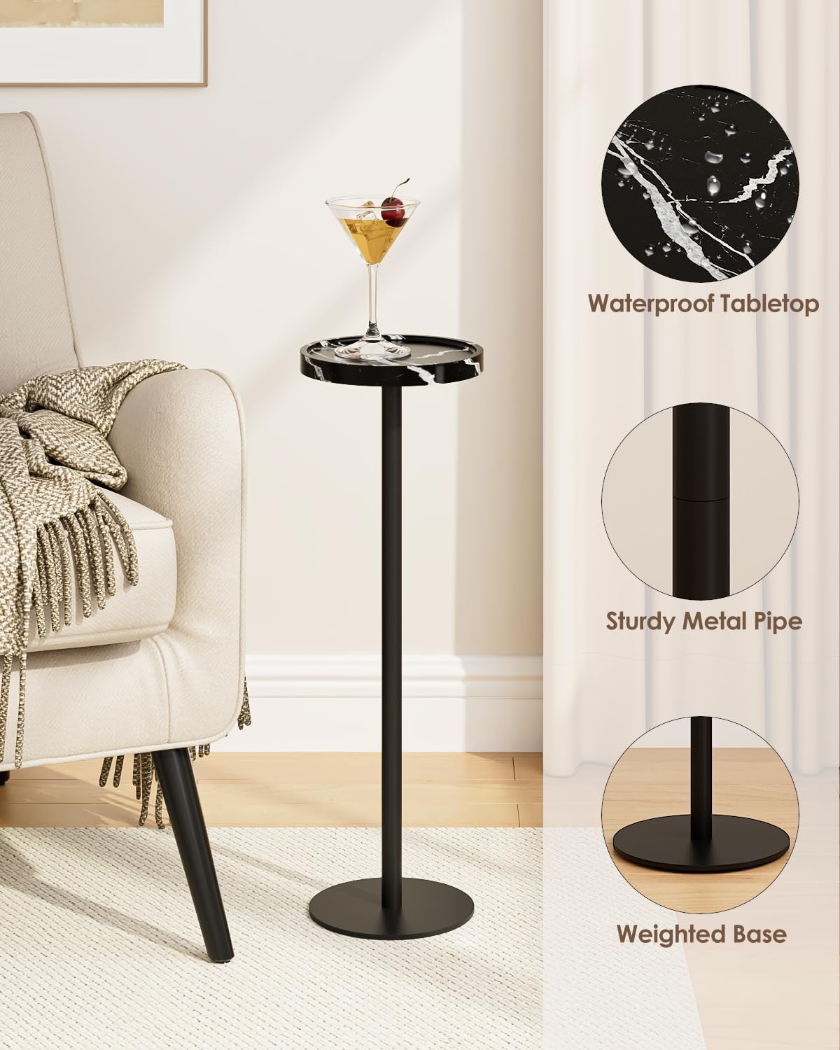 Drink Table, Small Pedestal Side Table, Round Cocktail Table, Circle Accent End Table with Metal Base, for Small Spaces (2, Black Marble)
