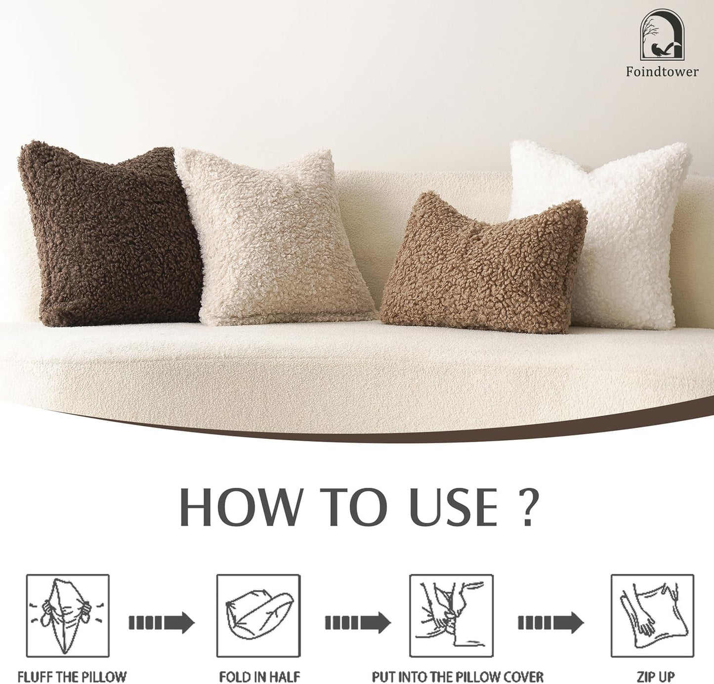 Foindtower Set of 2 Curly Teddy Wool Faux Fur Pillow Covers Decorative Boucle Textured Lumbar Throw Pillow Oblong Accent Pillowcases Sheepskin Cushion Case for for Chair and Couch 12"x20" White