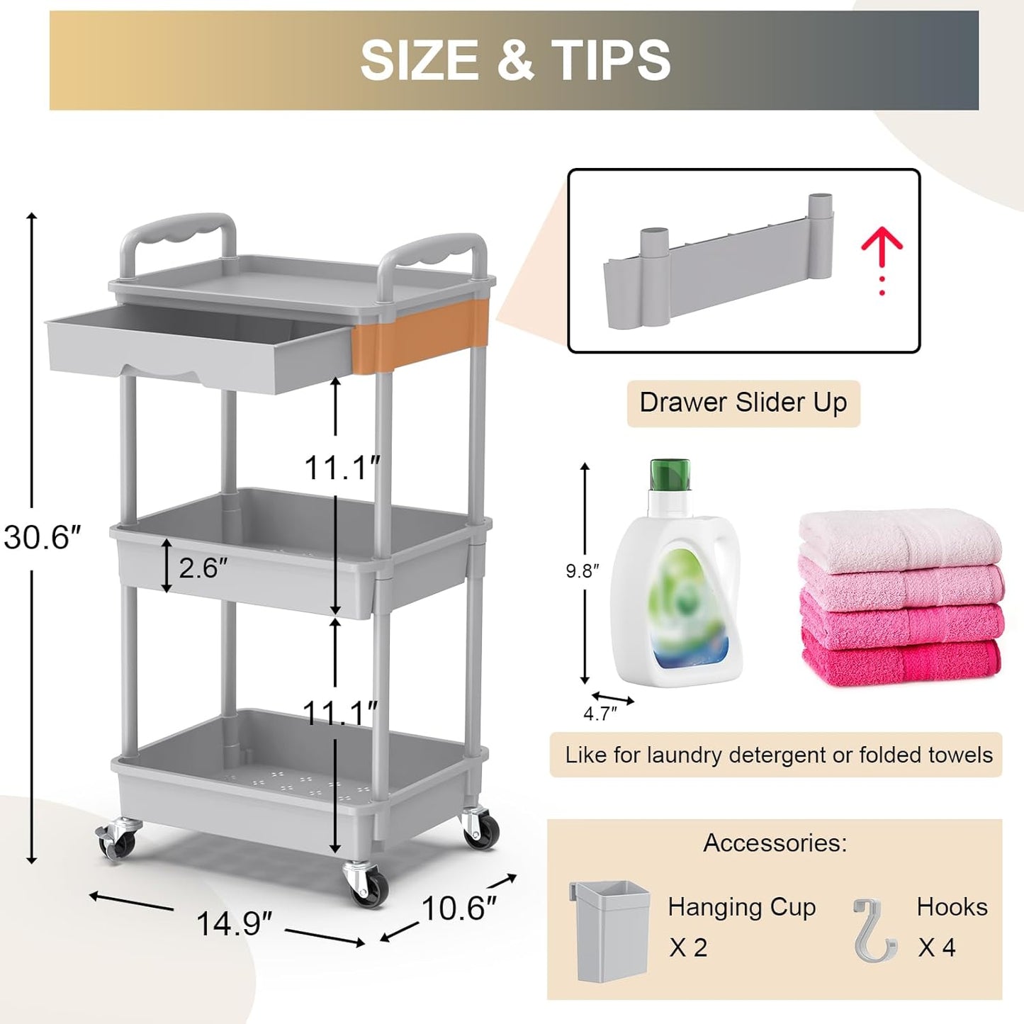 Goovilla 3 Tier Rolling Utility Cart Organizer with Removable Drawer, Stable and Sturdy Grey Rolling Storage Carts with 2 Lockable Wheels for Bathroom, Kitchen, Snack, Craft, Makeup, Baby Essentials