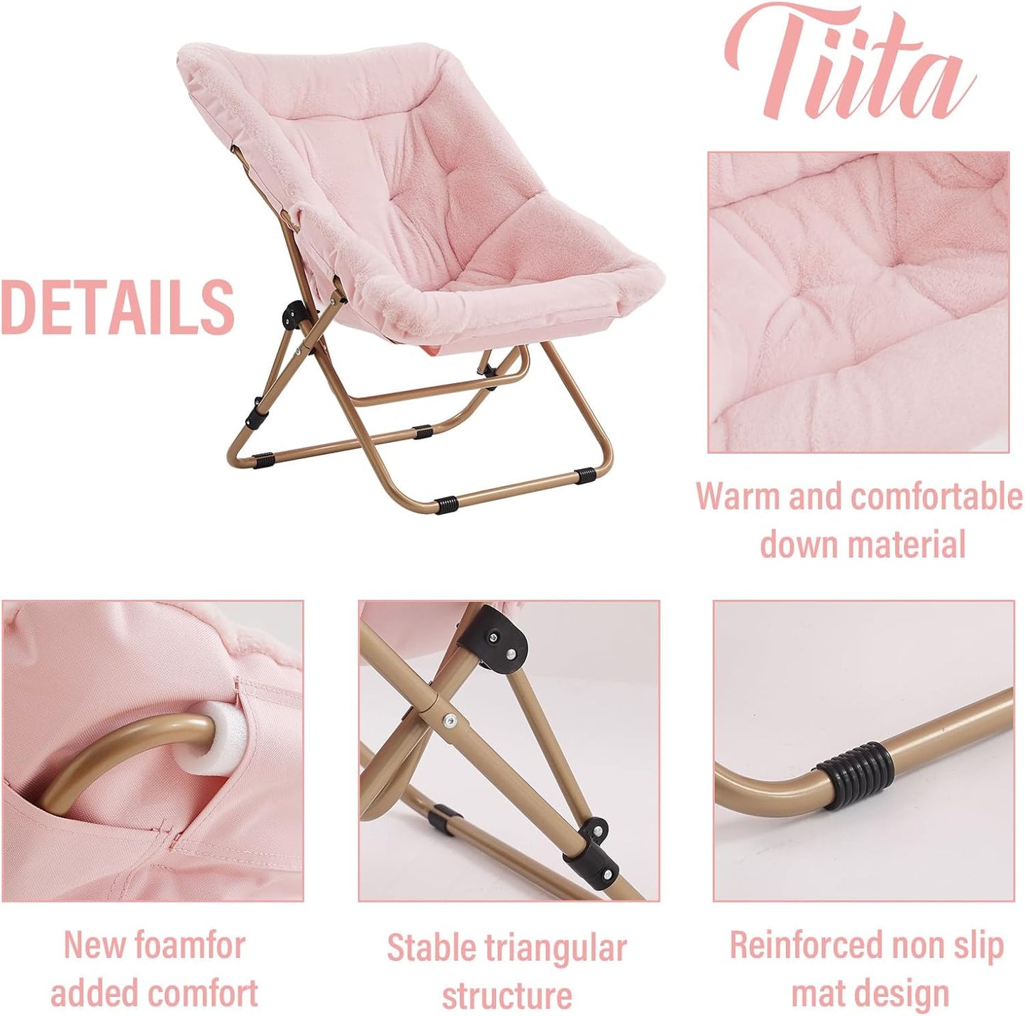 Tiita Folded Chair with Ottoman, Soft Faux Fur Oversized Folding Accent Chair,Lounge Lazy Chair, Metal Frame Moon Chair for Bedroom, Living Room, Dorm Rooms, Garden and Courtyard