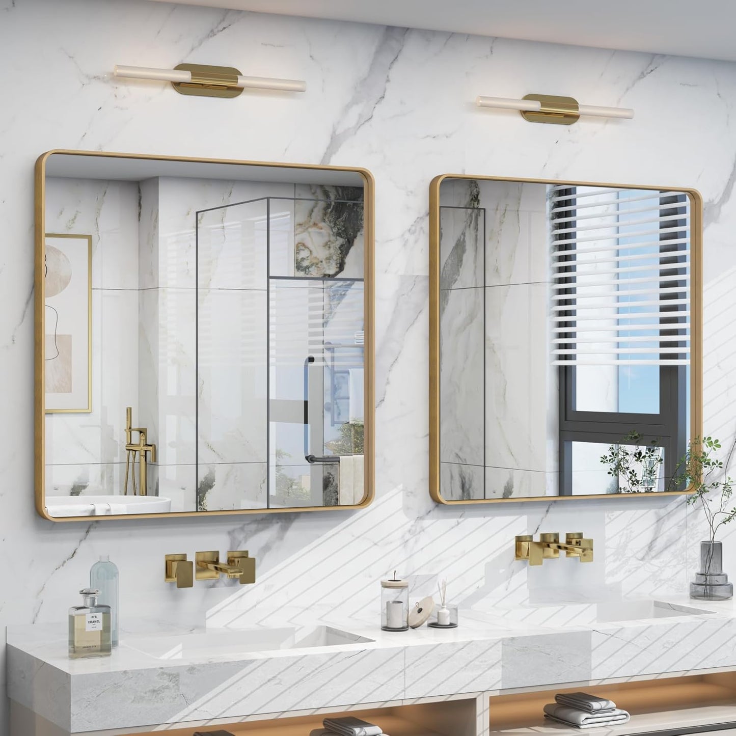 36x36 Square Gold Bathroom Mirror for Wall, Brushed Golden Framed Vanity Mirror, Modern Rectangle Metal Mirror for Entry, Shatterproof, Anti-Rust (Horizontal/Vertical)