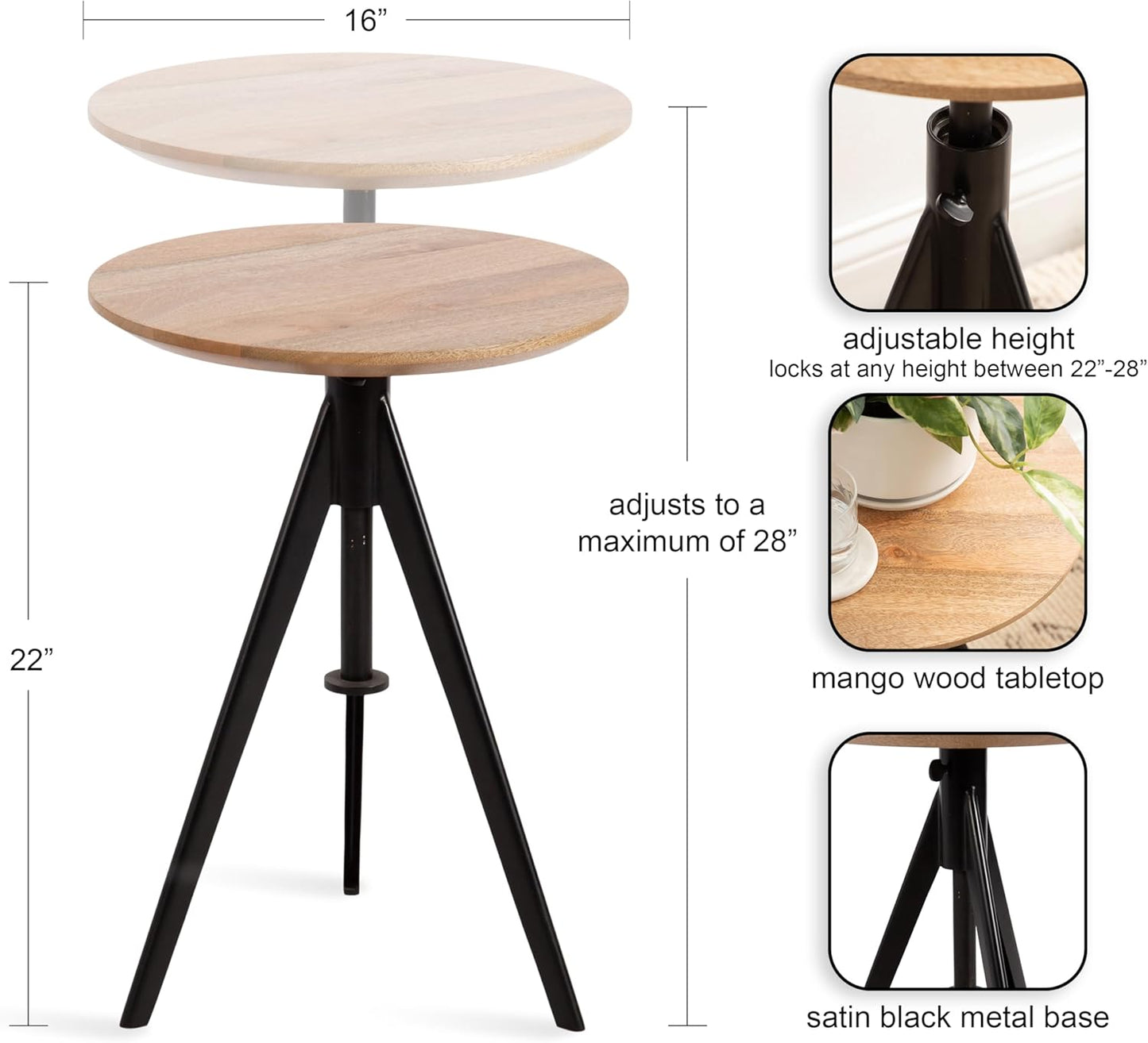 Kate and Laurel Keres Modern Adjustable-Height Round Tripod Side Table, 16 x 16 x 28, Natural Wood and Black, Transitional Circle End Table for Use as Indoor Plant Stand or Bedroom Nightstand