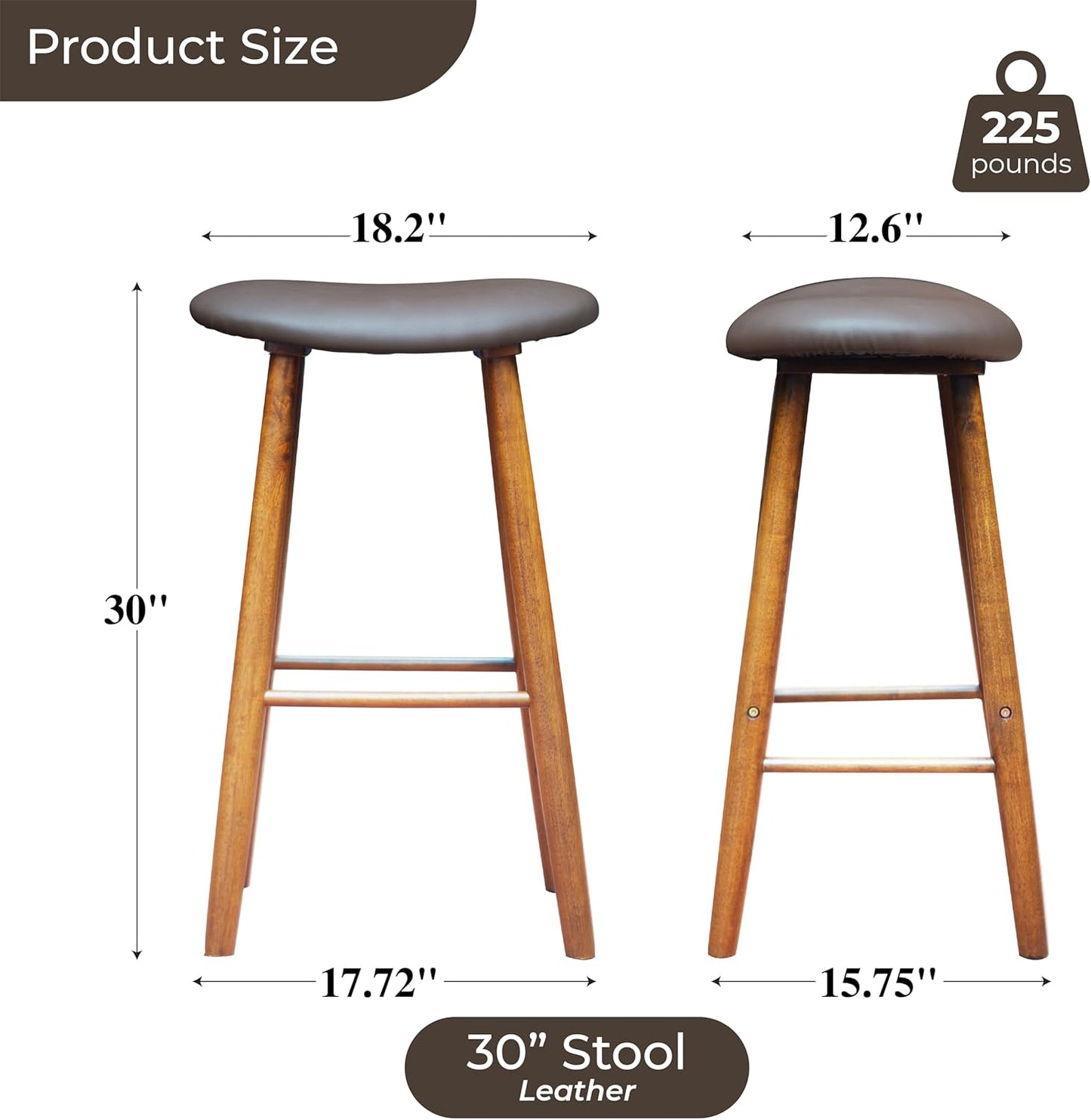 Nora 30" Upholstered Bar Stool, Backless Saddle Seat with Faux Leather Cushion, Solid Rubber Wood Frame in Brown Finish, Ideal for Kitchen Island or Home Bar Use