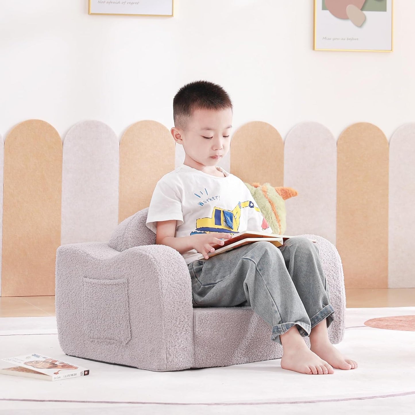 Tiita Kids Sofa, 2-in-1 Kid Sofa Chair, Convertible Chirldren Couch to Lounger, Flip Out Kids Sofa Chair, Toddler Armrest Chair Bed, Folding Kids Play Sofa for Girl or Boy, Grey